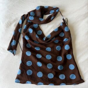 Zara Brown Tank Top with Blue Polka Dots
